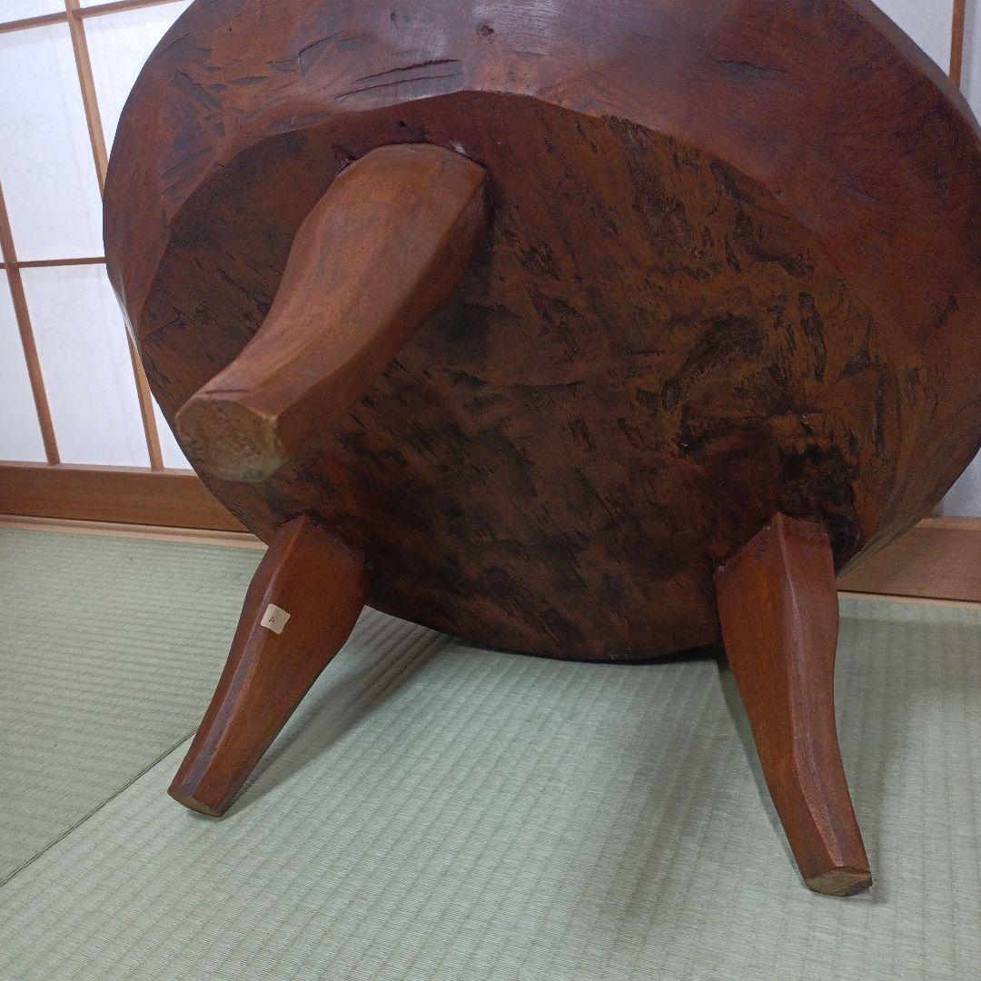 希少　古民家蔵出し品　天然木　座卓　丸テーブル　手彫り　ガラス板付き