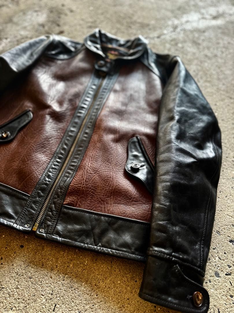 極上牛革 ブラック×ブラウンレザー コンビネーションジャケット スポーツタイプ
