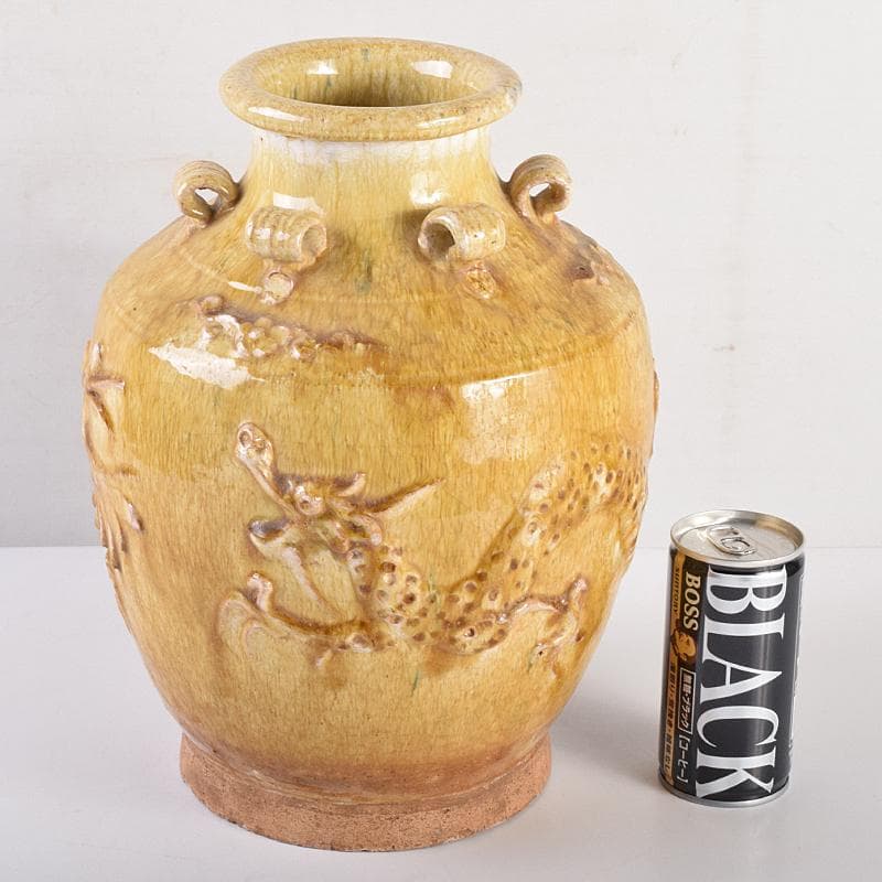 中国　黄釉　貼龍鳳凰文　六耳瓶　C　R7669B