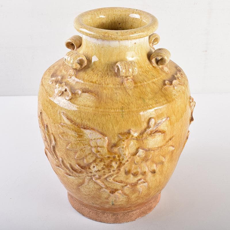 中国　黄釉　貼龍鳳凰文　六耳瓶　C　R7669B