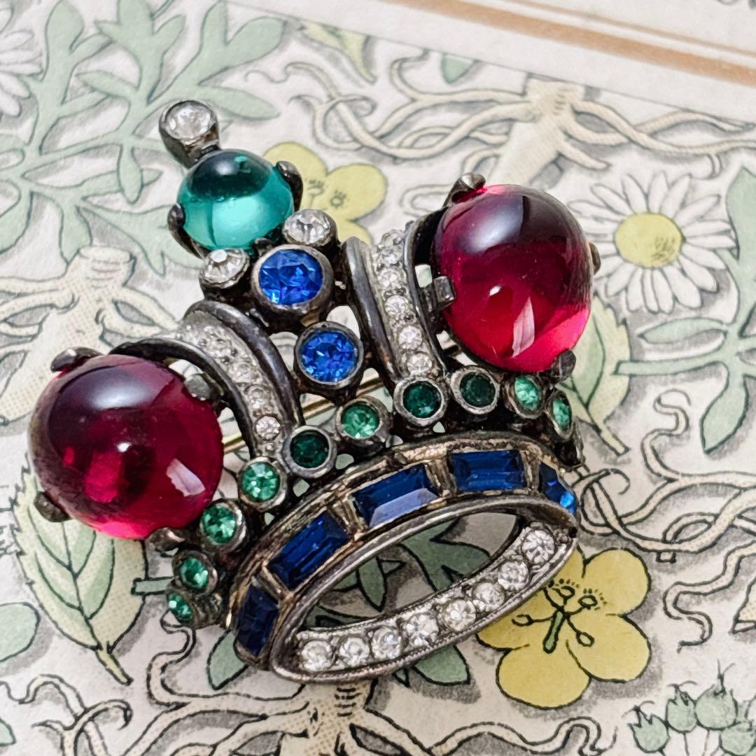 1940年代 トリファリ 王冠　ブローチ 赤カボション ヴィンテージ