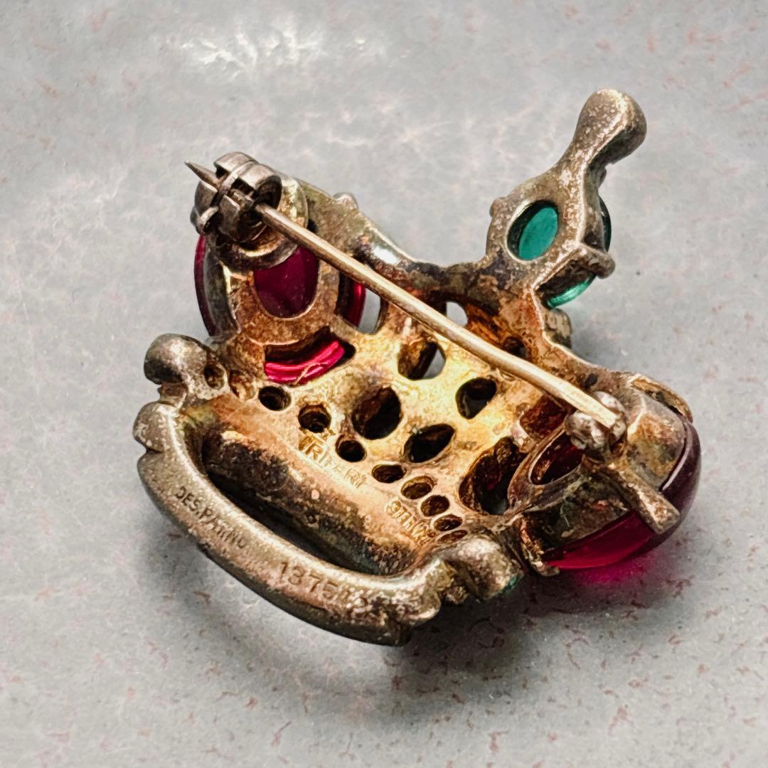 1940年代 トリファリ 王冠　ブローチ 赤カボション ヴィンテージ