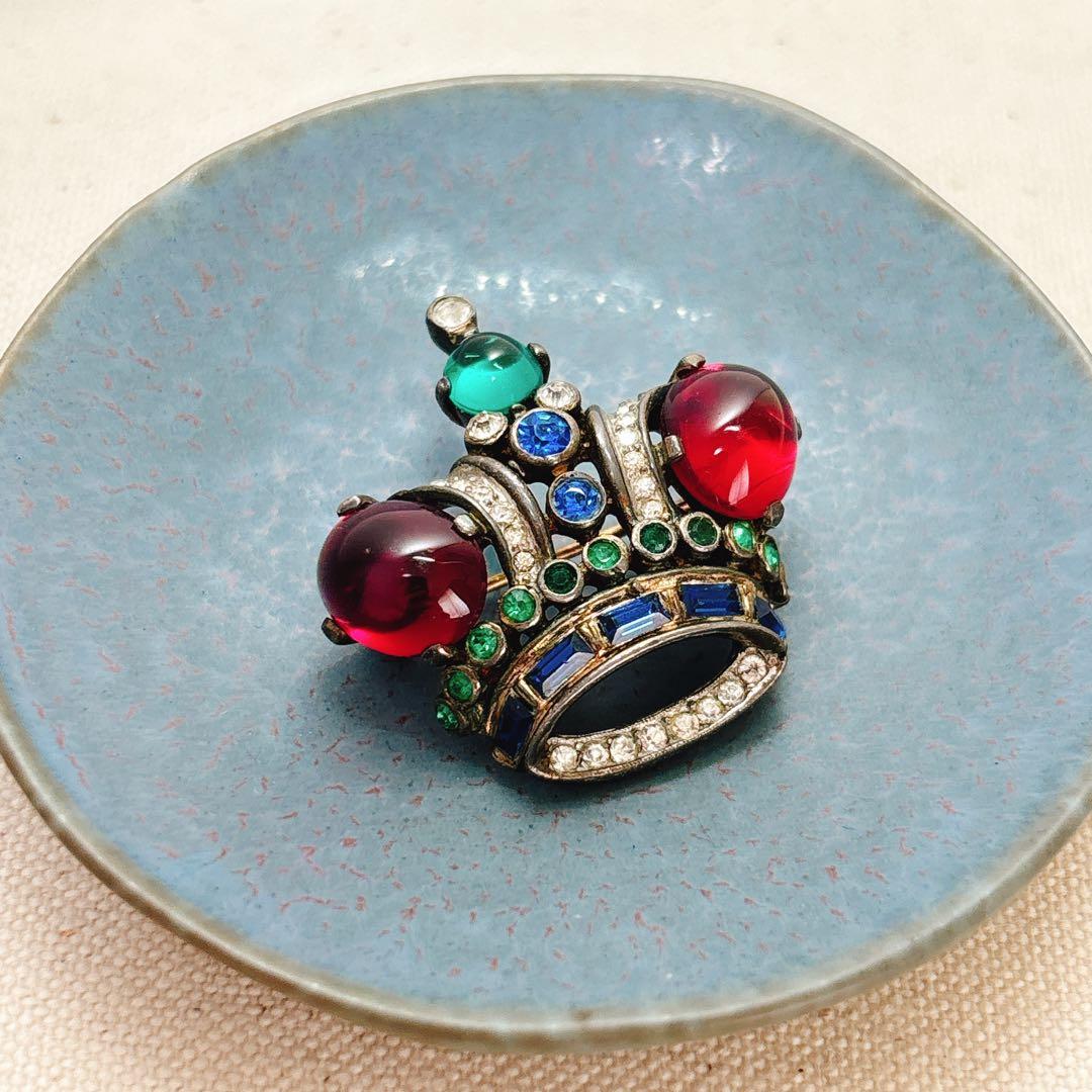 1940年代 トリファリ 王冠　ブローチ 赤カボション ヴィンテージ