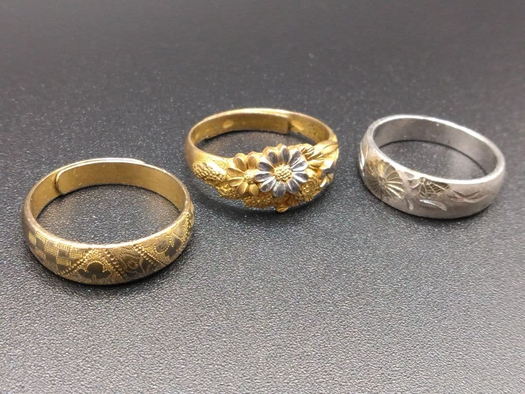 O*i様 【伝統工芸】日本 アンティーク 彫金 高彫 純銀 金張 指輪 ゴールド
