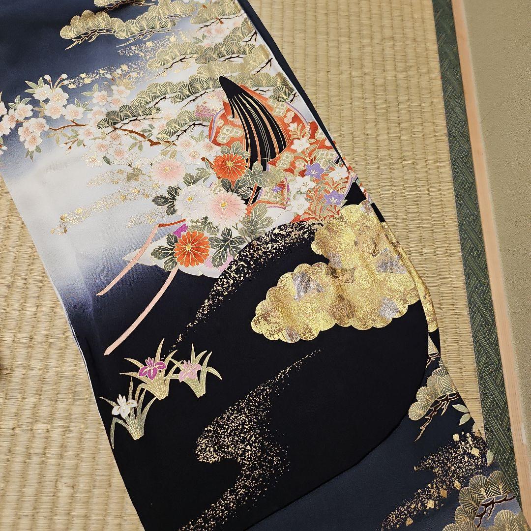 振袖 黒 墨黒 かぐや姫柄 着物