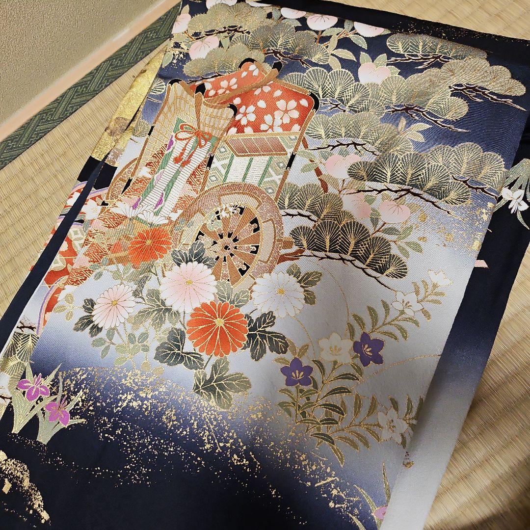 振袖 黒 墨黒 かぐや姫柄 着物