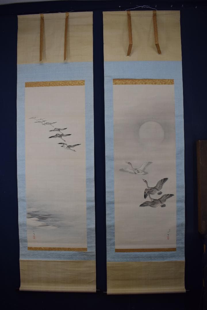 【真作】長谷川玉峰/春秋月雁之図/双幅/掛軸☆宝船☆Y-969　JM