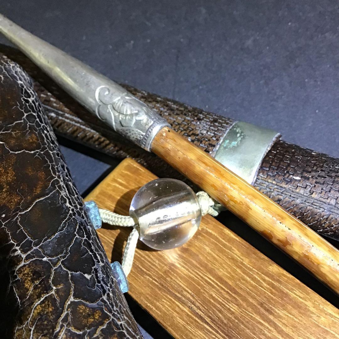 煙草下物　「金銀色絵象嵌武者絵」加藤清正十字槍　高彫純銀キセル水晶玉おじめ　Z2