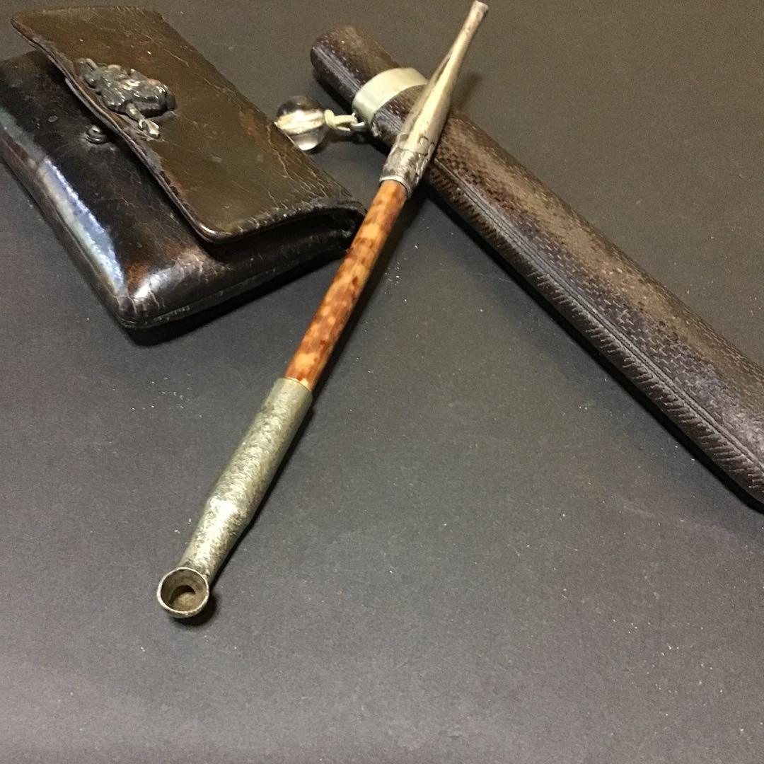 煙草下物　「金銀色絵象嵌武者絵」加藤清正十字槍　高彫純銀キセル水晶玉おじめ　Z2