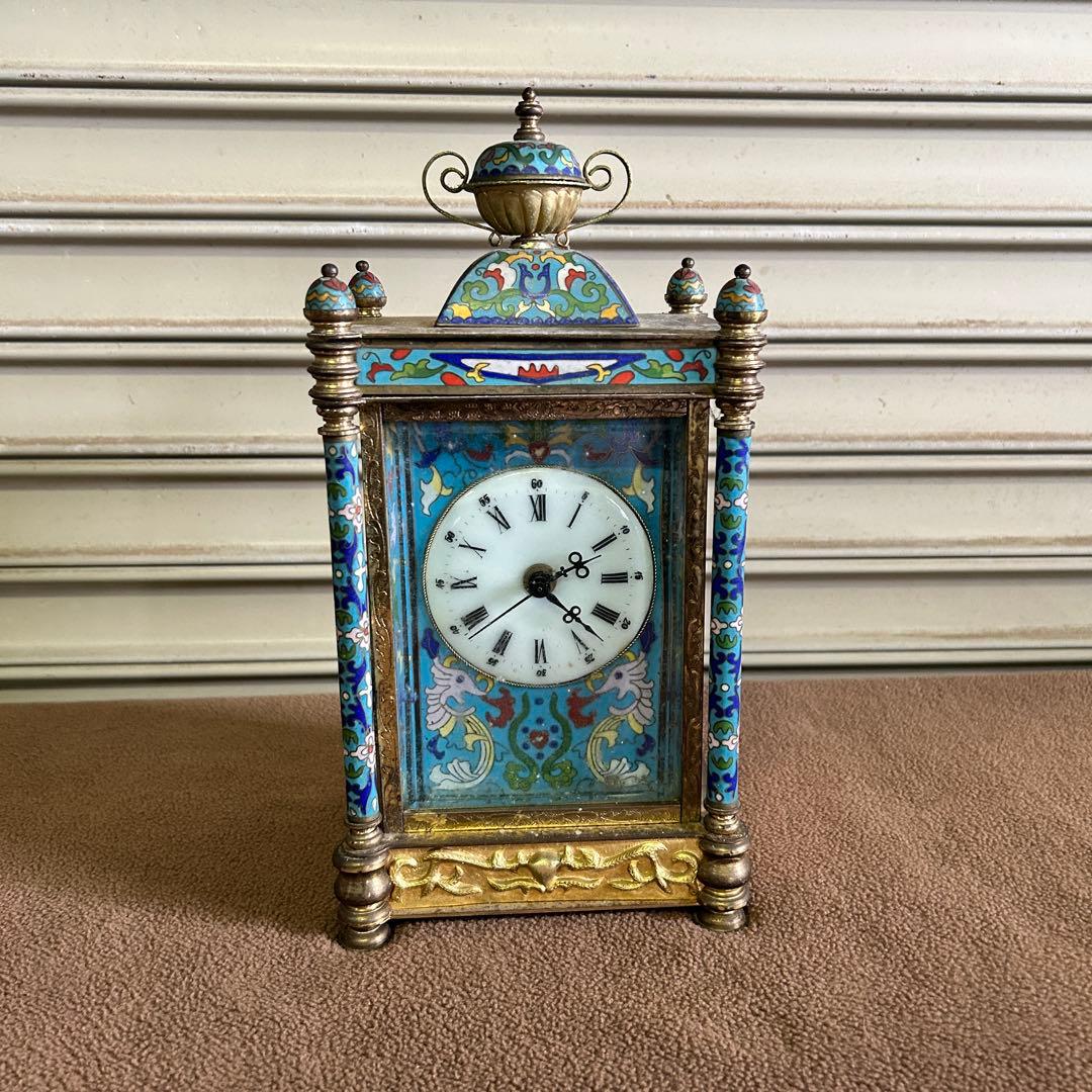 CF5★中国美術★ ガラス製 時計 置時計 アンティーク 七宝時計 インテリア