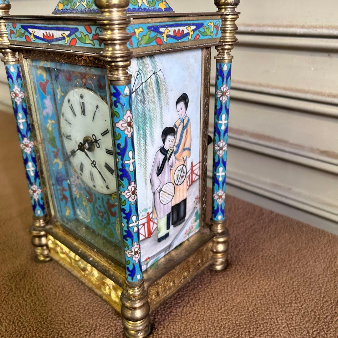 CF5★中国美術★ ガラス製 時計 置時計 アンティーク 七宝時計 インテリア