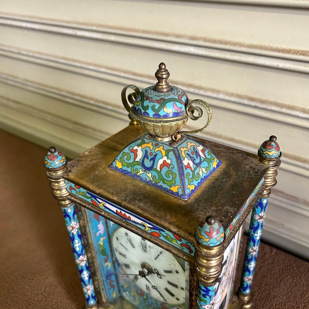 CF5★中国美術★ ガラス製 時計 置時計 アンティーク 七宝時計 インテリア