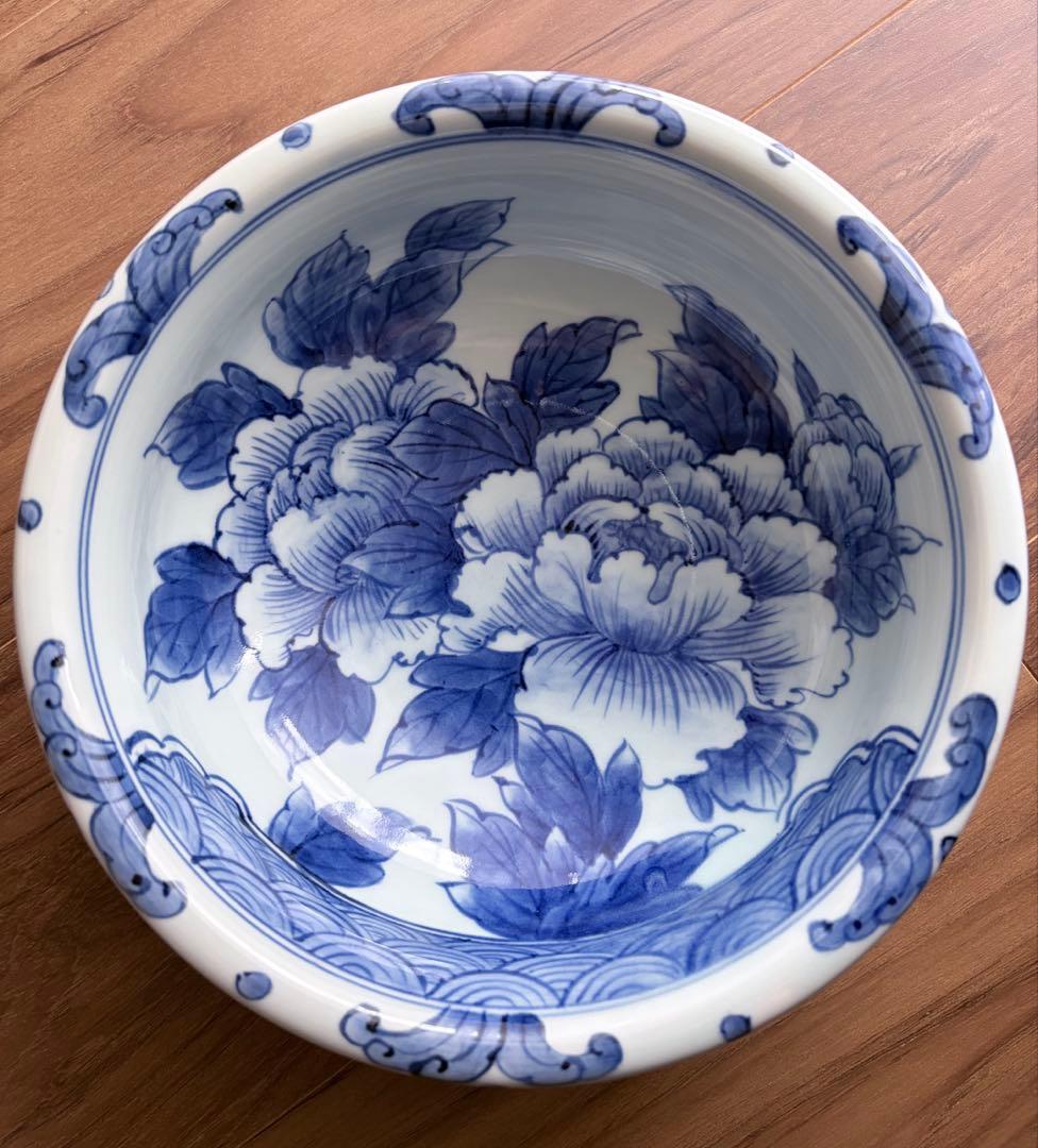 未使用 波佐見焼 一作窯 染付牡丹青海波 鉢 作家物 山口清久 有田焼 手描き