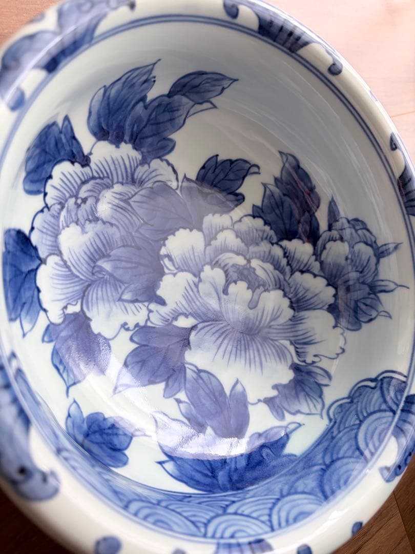 未使用 波佐見焼 一作窯 染付牡丹青海波 鉢 作家物 山口清久 有田焼 手描き