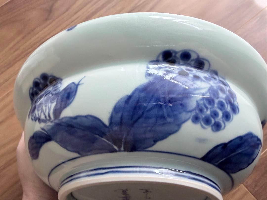 未使用 波佐見焼 一作窯 染付牡丹青海波 鉢 作家物 山口清久 有田焼 手描き