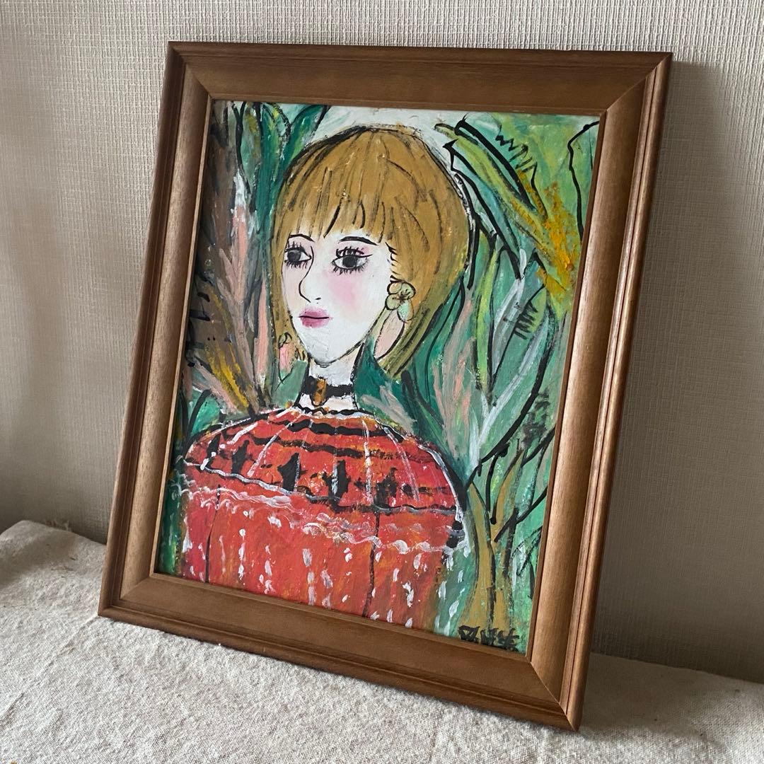 絵画 。壁掛け絵☆【きれいな女性ときれいな緑の植物】