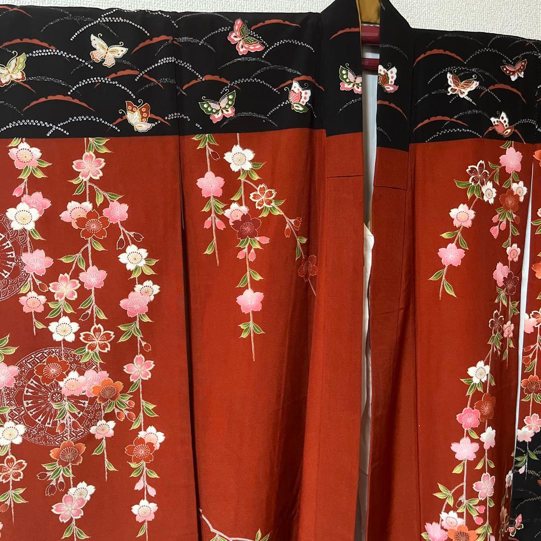 七五三　7歳　着物　黒　茶色　蝶々　アンティーク