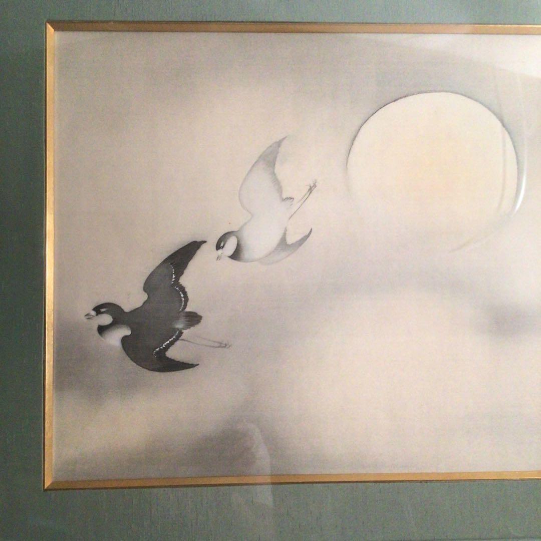 No3770 額装　在銘　紫水　月に千鳥図　日本画　10号　絹本　古画　送料無料