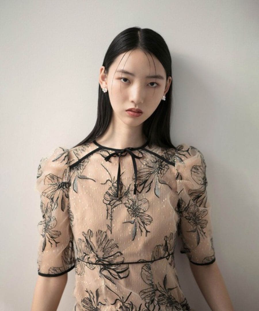 leja 花柄リボンパフスリーブマーメイドワンピースドレス Sサイズ