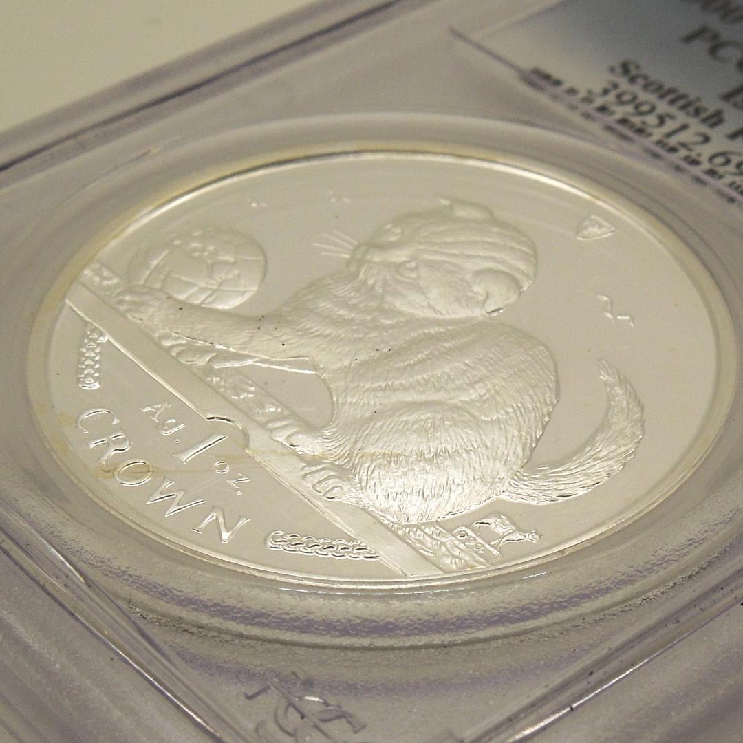 世界に5枚 PCGS 69DCAM 地球で遊ぶ猫 2000 マン島 クラウン銀貨
