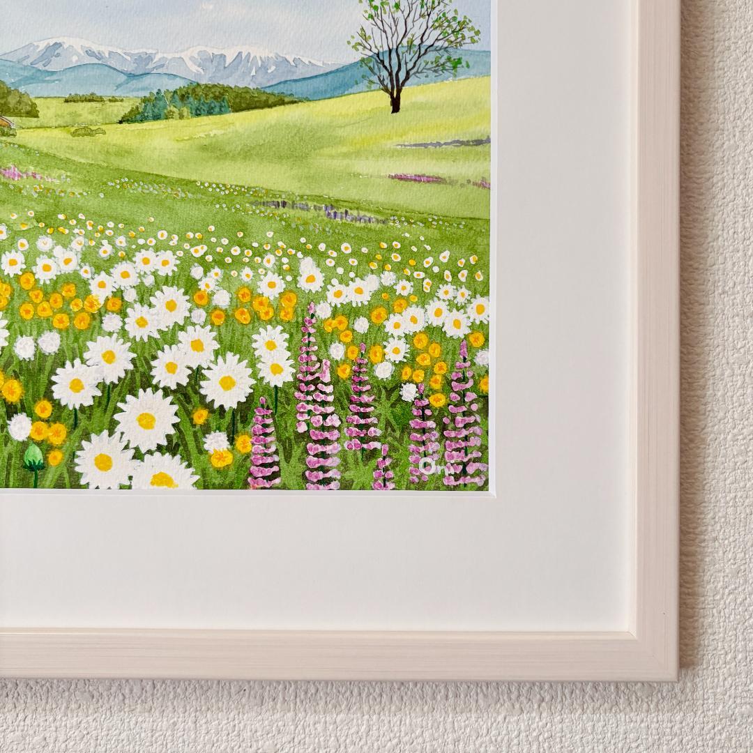 透明水彩画　原画　「野花の咲くフィールド01」額縁付き　F4サイズ　風景画