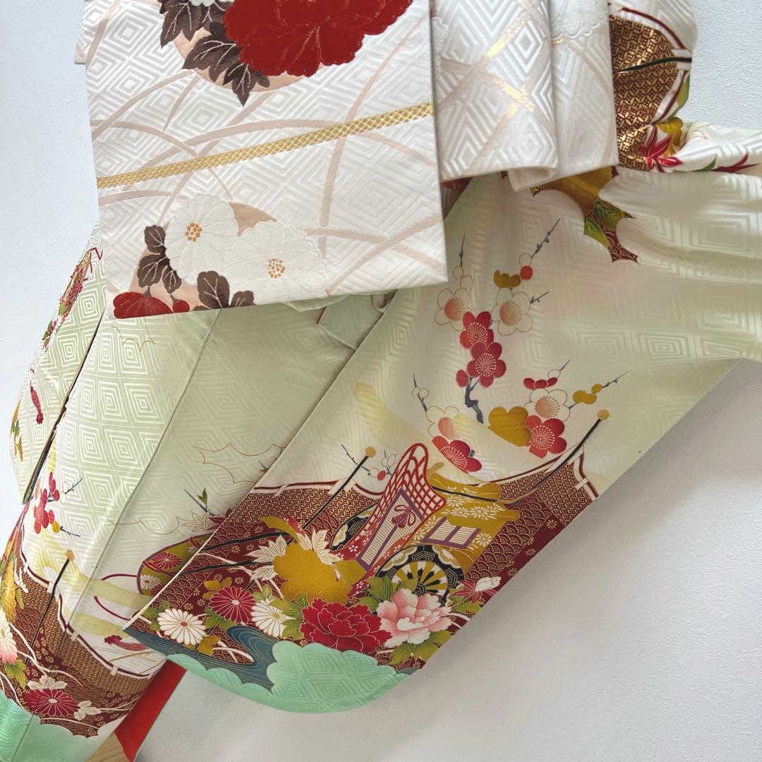 389 振袖フルセット 正絹 黄緑 ミントグリーン 金彩 刺繍 暈し染め 華やか