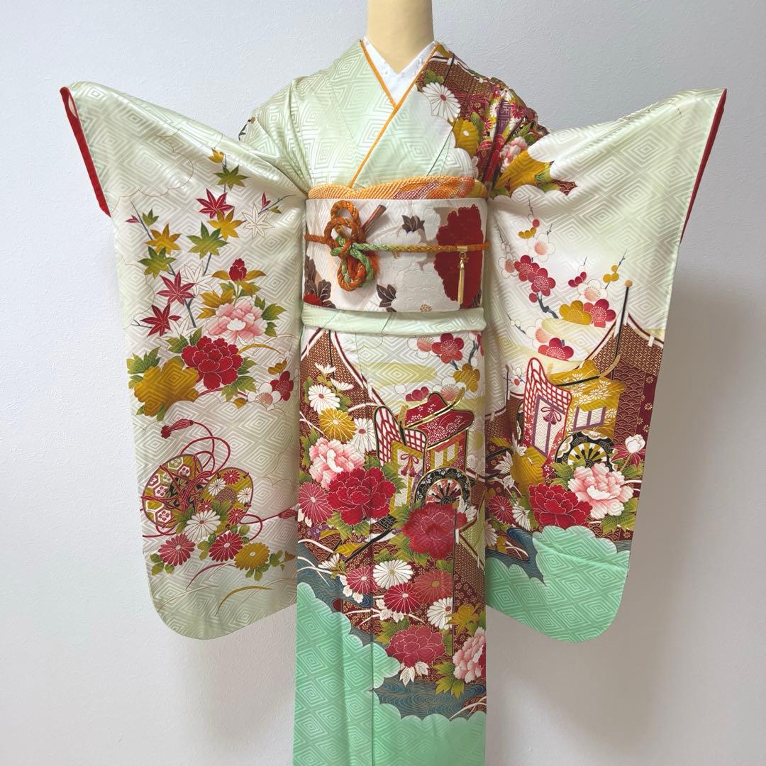 389 振袖フルセット 正絹 黄緑 ミントグリーン 金彩 刺繍 暈し染め 華やか