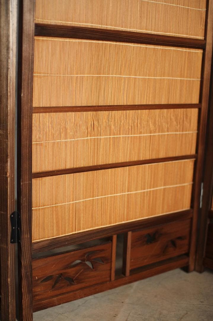 古い竹簾屏風 衝立　目隠し　四つ折り　透かし彫り　古民家　古道具