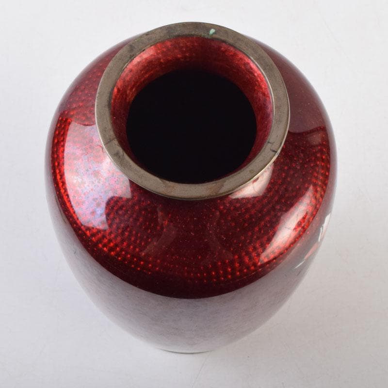 七宝焼　赤透釉　花文　花瓶　V　9018