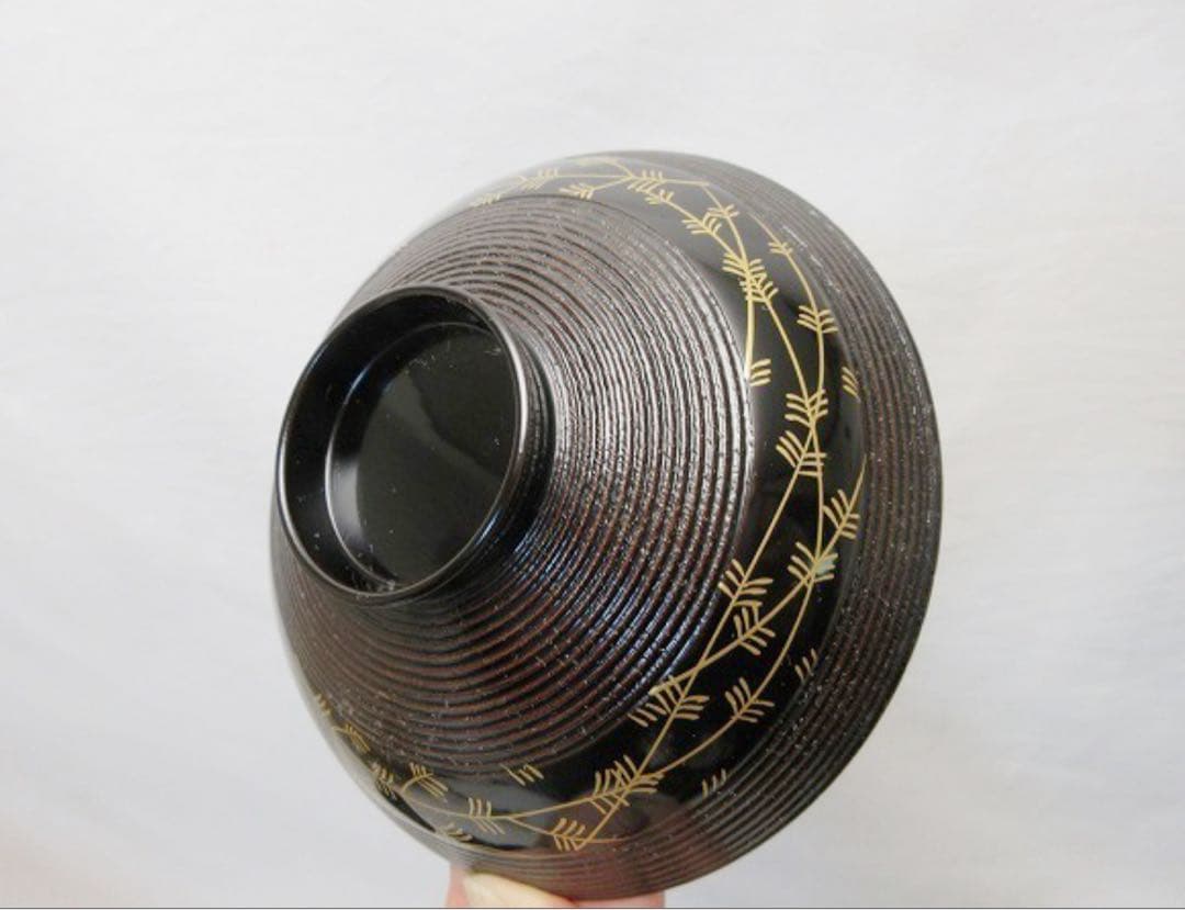 ほぼ未使用 懐石道具 木製溜塗 千筋 蒔絵 吸物椀5客揃 内黒 木箱