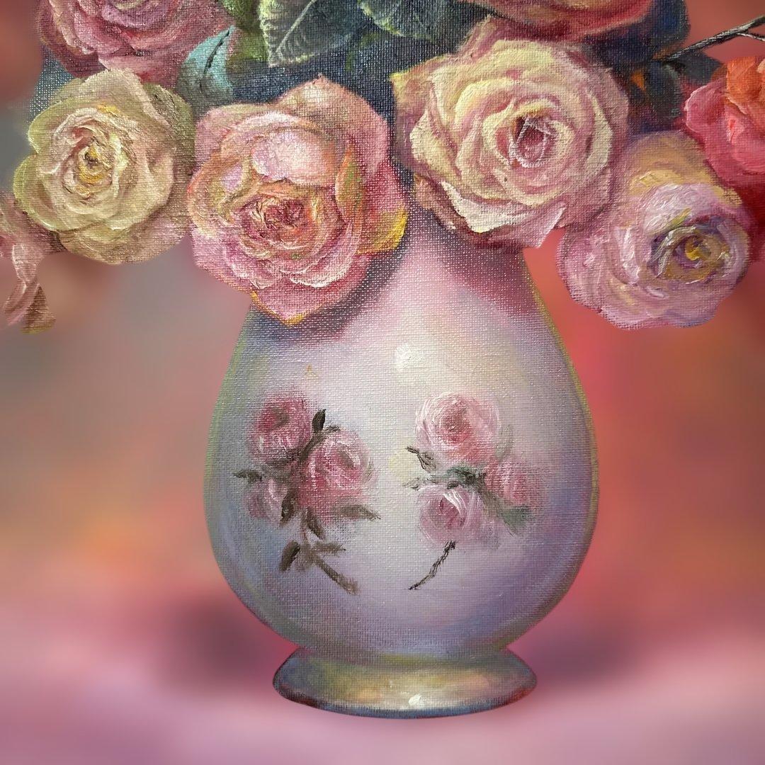 真作　肉筆　キャンバス油彩絵画　薔薇　静物画　新品額縁　インテリア　作家証明書付