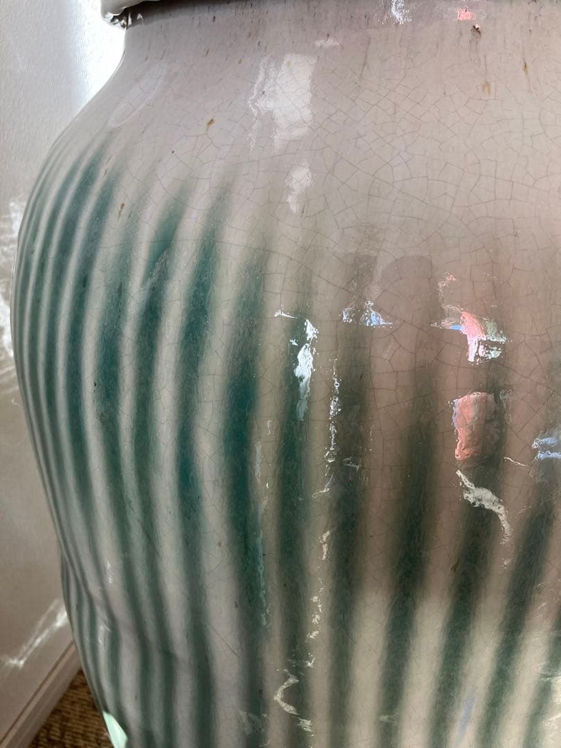 信楽焼　茶壺　大壺　すだれ壺　ストライプ柄　明治　アンティーク