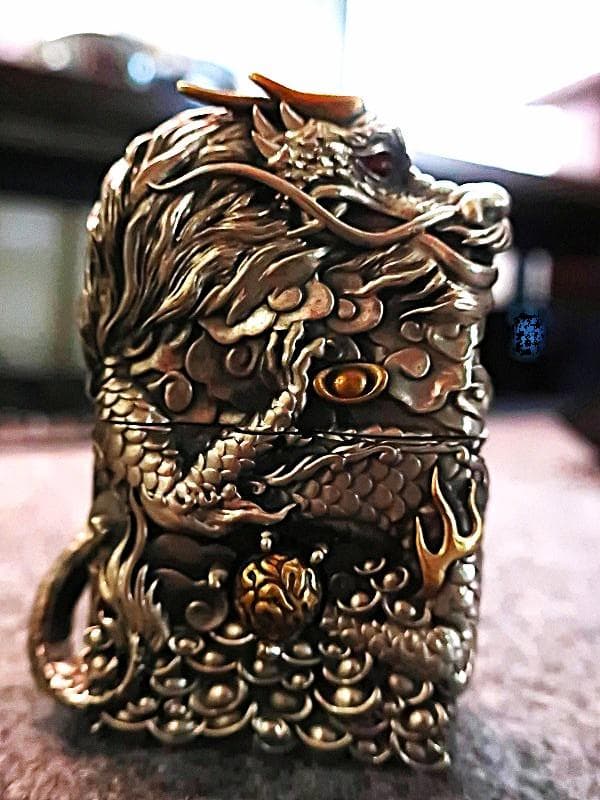 ジッポ ZIPPO ライター 竜 龍 ドラゴン 両面 如意宝珠 付 高級木箱付