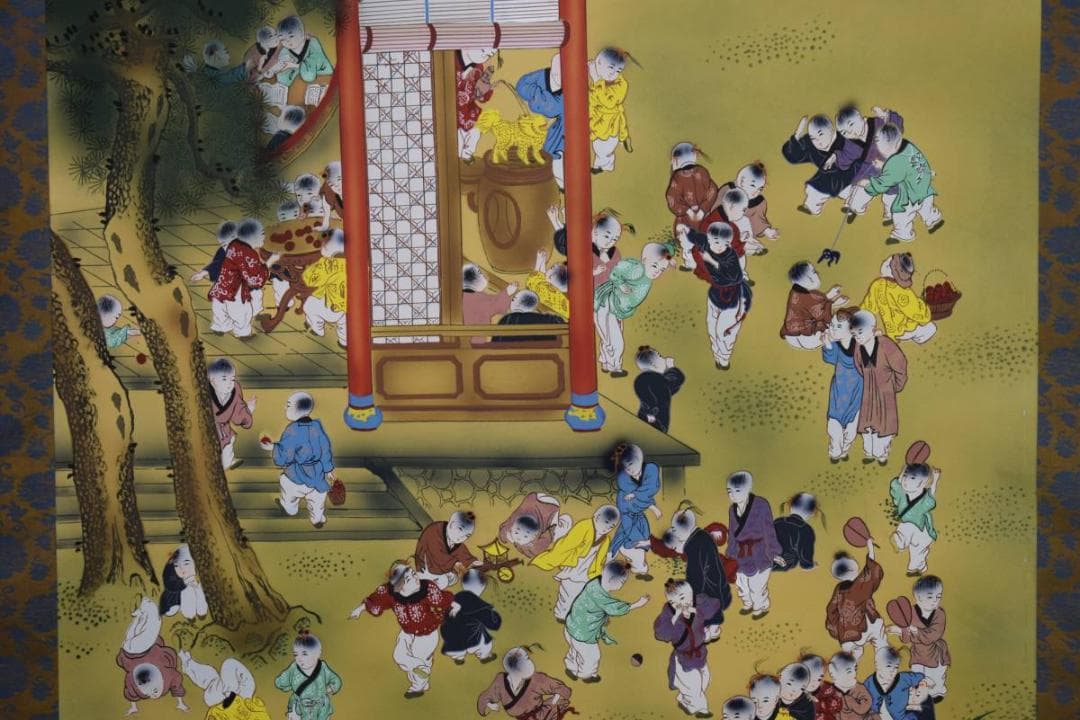 真作達徳/百唐子図/桐共箱付/布袋屋掛軸HD-777