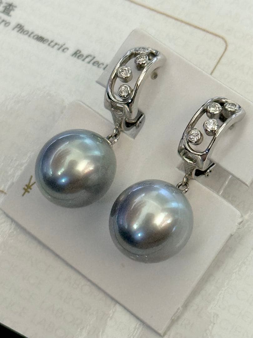専用！真珠科学研究所オーロラオーシャンブルー黒蝶真珠ダイヤモンドイヤリングWG