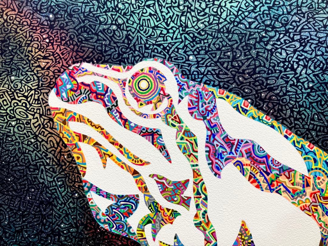 原画　蛙　動物画　絵画　アクリル画　現代アート　細密画　手描き　一点物