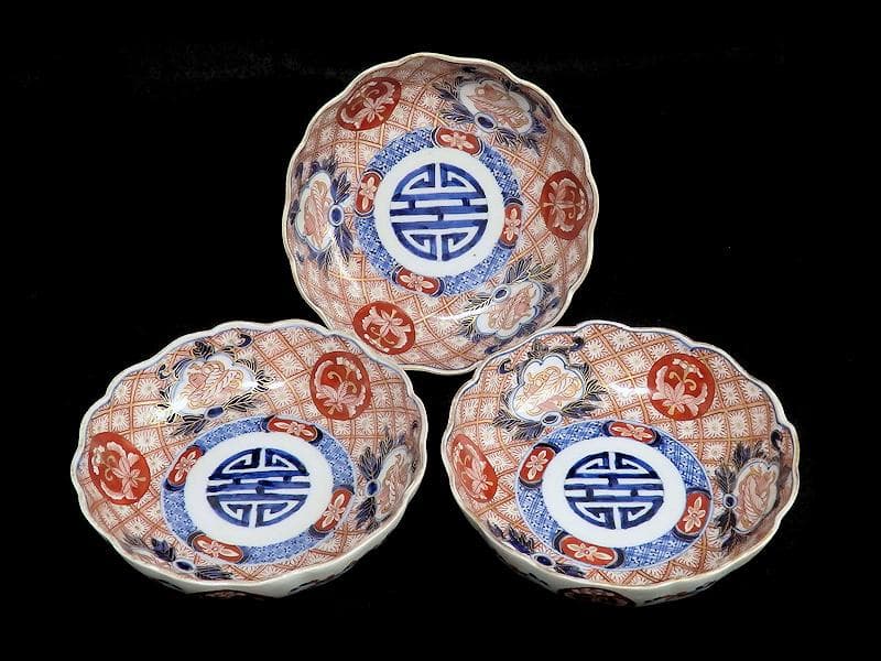 古伊万里　金襴手　菊花四方襷紋に吉祥紋の図　膾皿　３客　D960AS-BVl