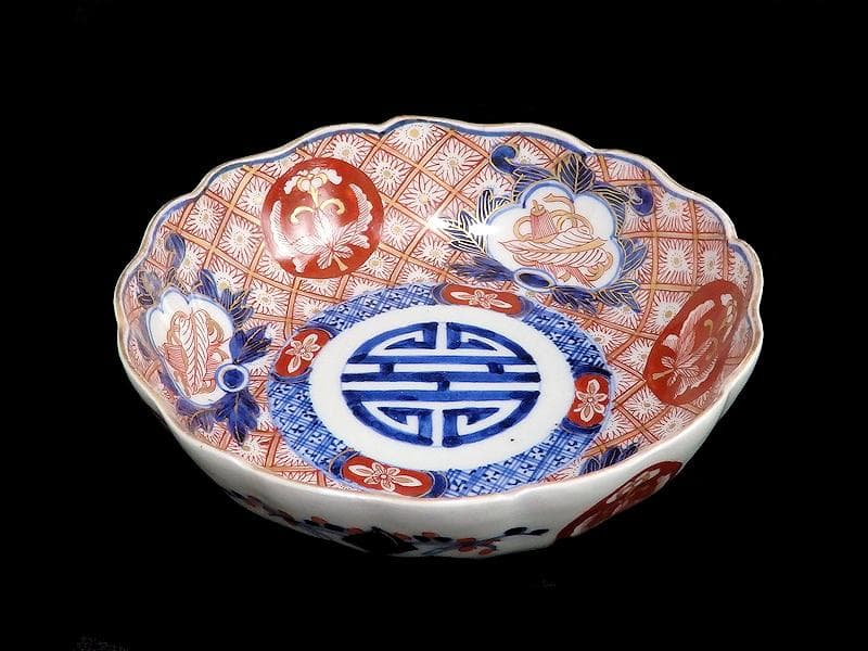 古伊万里　金襴手　菊花四方襷紋に吉祥紋の図　膾皿　３客　D960AS-BVl