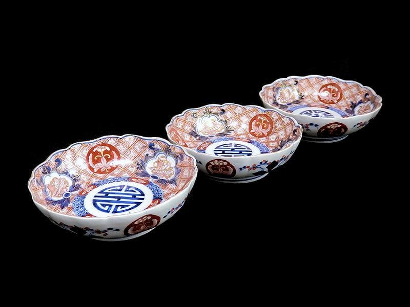 古伊万里　金襴手　菊花四方襷紋に吉祥紋の図　膾皿　３客　D960AS-BVl