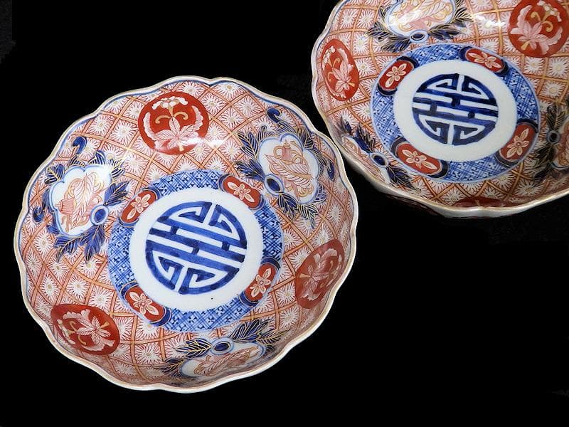 古伊万里　金襴手　菊花四方襷紋に吉祥紋の図　膾皿　３客　D960AS-BVl