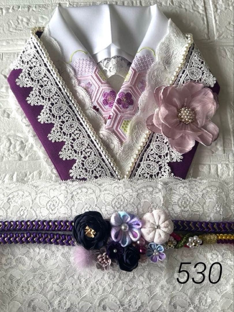 ヴァイオレット・ルフレ♦︎重ね衿 刺繍半衿　マルチレース　正絹帯締め　お飾り2点