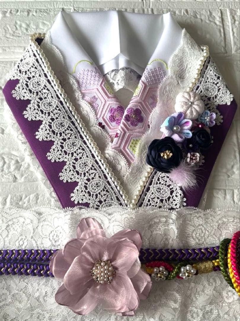 ヴァイオレット・ルフレ♦︎重ね衿 刺繍半衿　マルチレース　正絹帯締め　お飾り2点