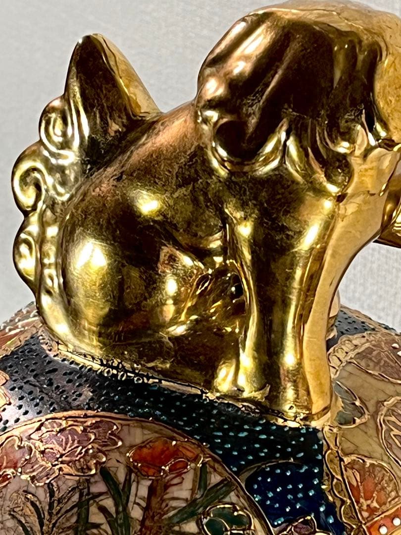 【薩摩焼 特大三足香炉】金爛手 花詰図 金獅子 陶磁器 美術品 香炉 逸品 希少