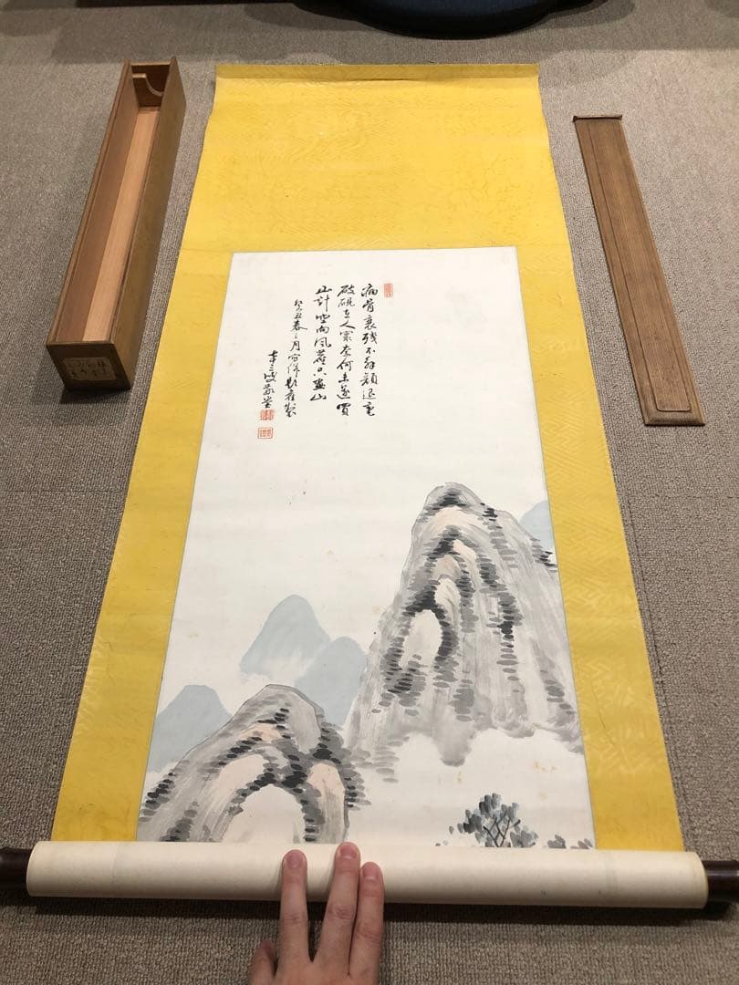 水墨畫。山水。戰前。名作家「福岡 敬堂」七十三才時の作品。共箱。古美術。骨董品。