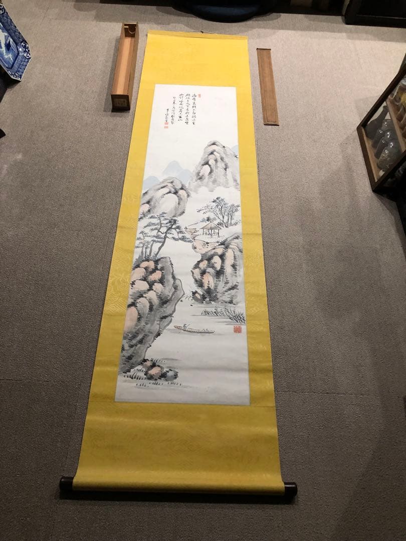 水墨畫。山水。戰前。名作家「福岡 敬堂」七十三才時の作品。共箱。古美術。骨董品。