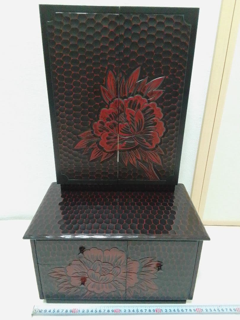 鎌倉彫 鏡台 三面鏡 木製 牡丹 アンティーク 昭和レトロ 和風 ドレッサー