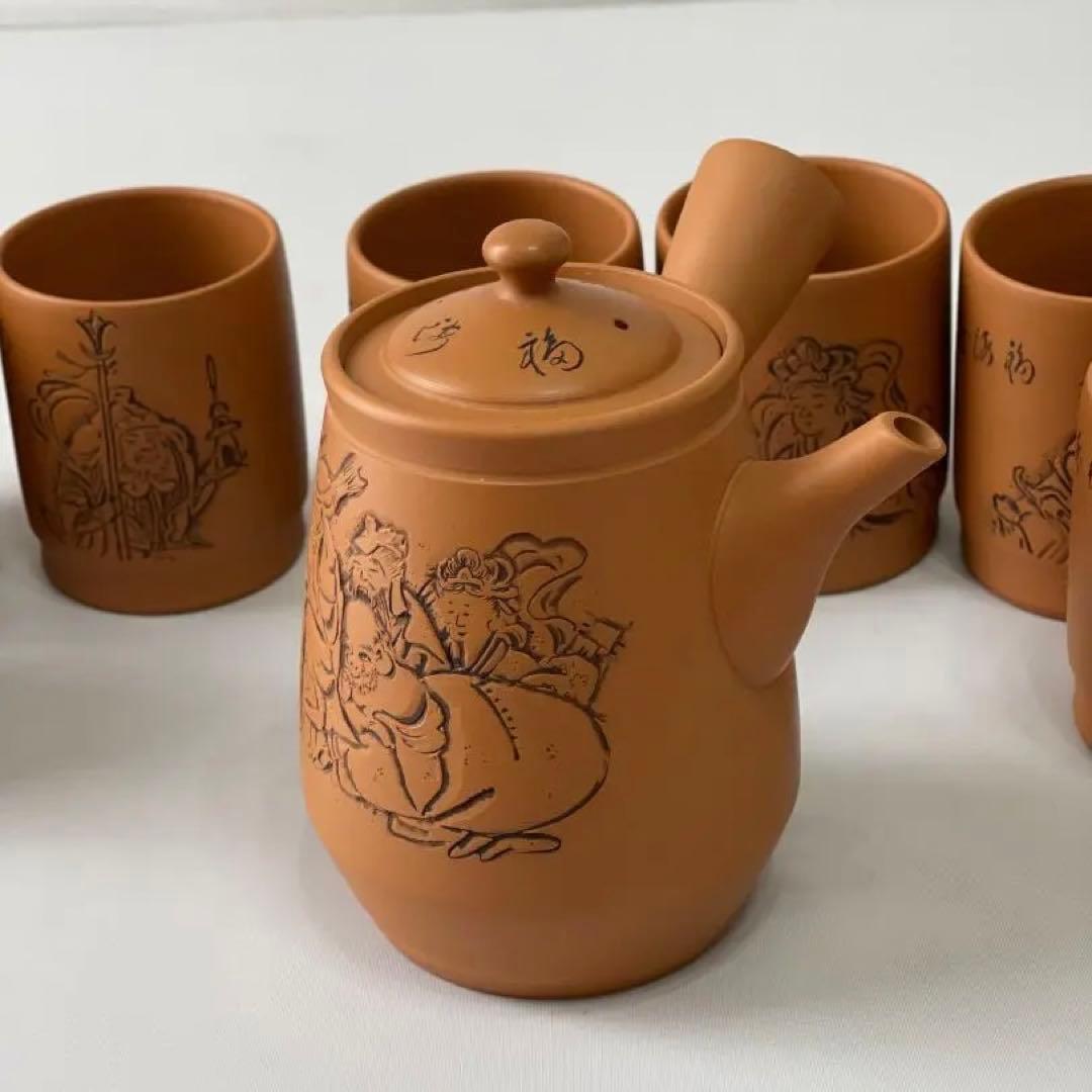 常滑焼　義叟作　伯宝彫り　七福神　急須　湯呑７点セット　茶器　煎茶道具
