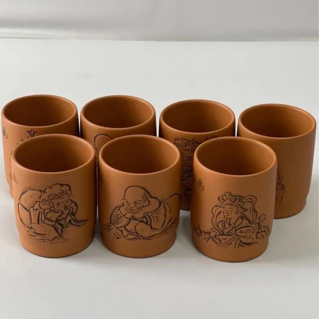 常滑焼　義叟作　伯宝彫り　七福神　急須　湯呑７点セット　茶器　煎茶道具