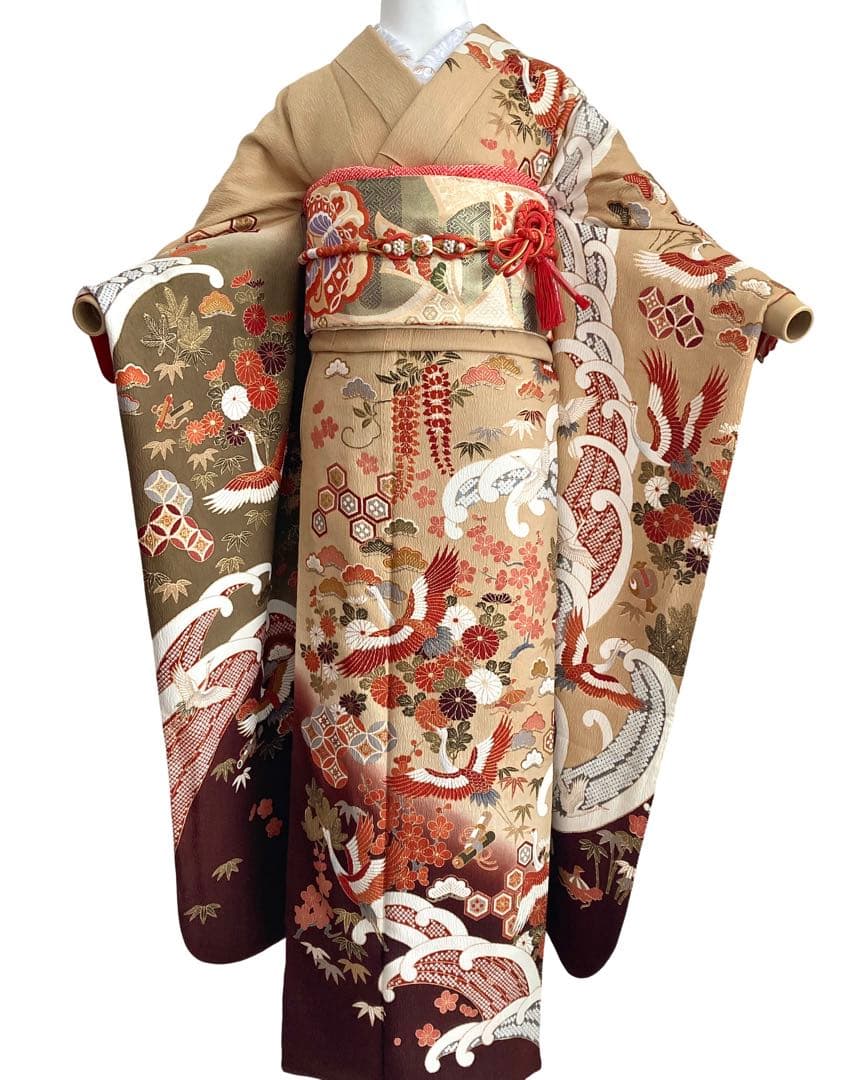 古典柄 鶴 波文様 振袖4点セット‼️お振袖セット‼️TM NO129 フルセット