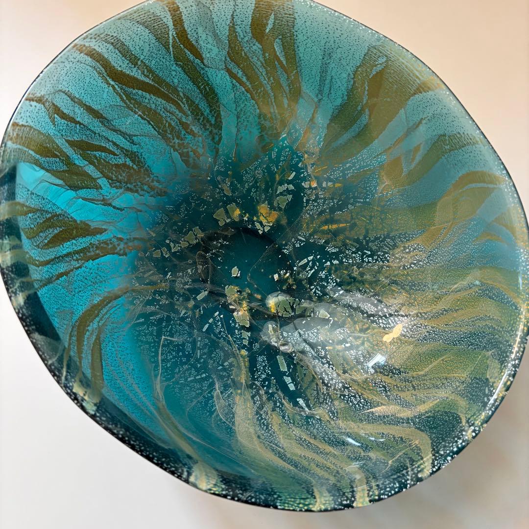 極美品　迫二郎　ガラスボウル　吹きガラス　銀箔 グリーン　ガラス工芸品　アート